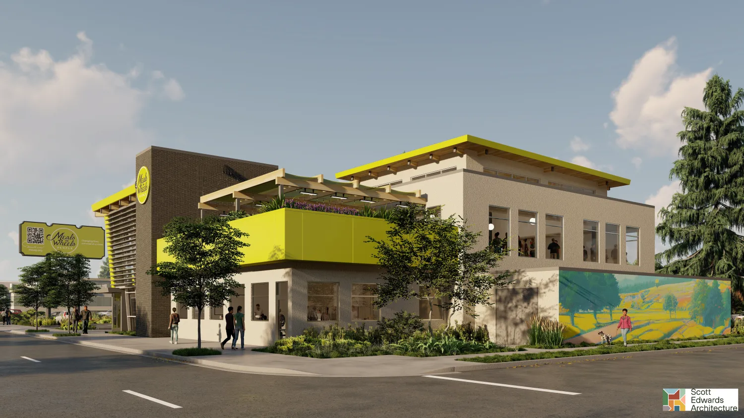 An exterior rendering of the future Meals on Wheels People Eastside Resource Center. A modern building exterior with a vibrant yellow and gray facade, large sign, and surrounding greenery. People walk along the sidewalk under a clear sky.