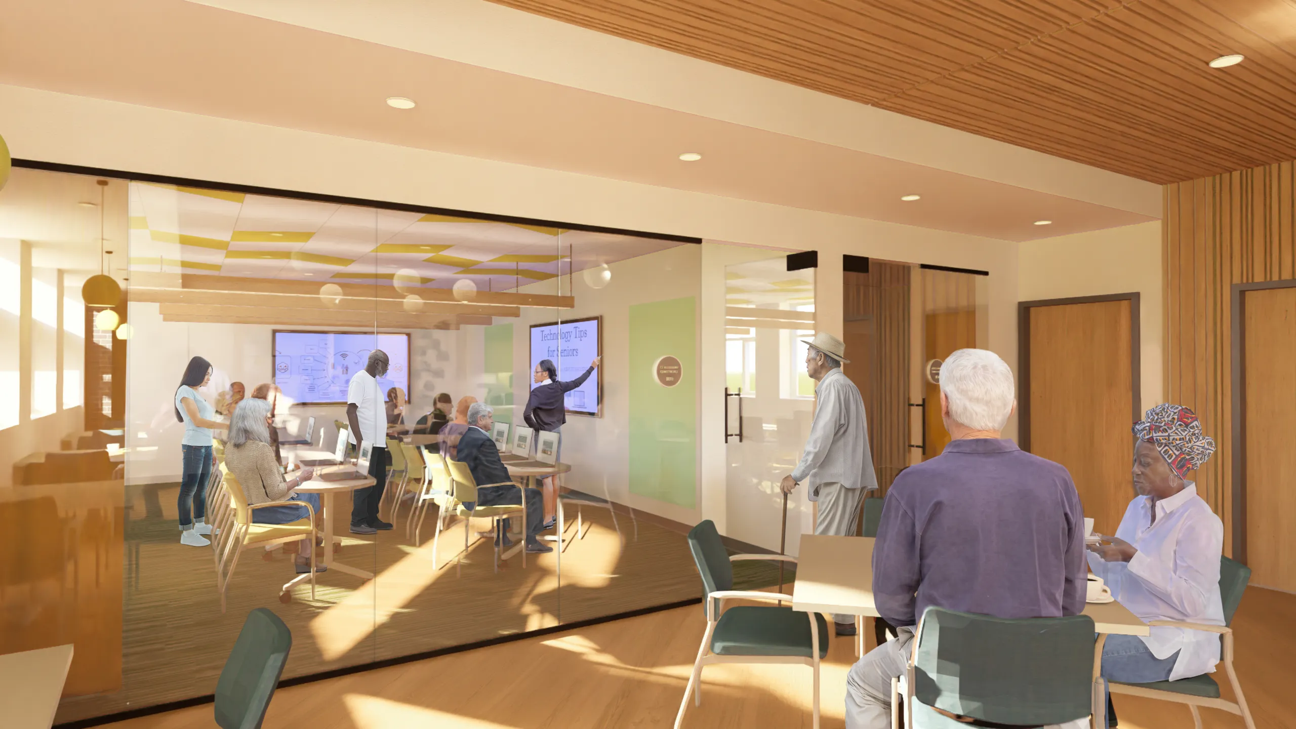A group of people, some seated and others standing, engage in a presentation within a modern, well-lit room with glass walls and wooden accents.
