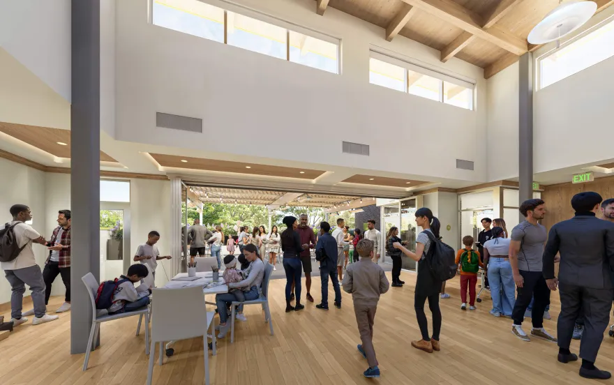 The future community center at the Meals on Wheels People Eastside Resource Center. Diverse adults and children engage in activities and conversations, creating a lively, welcoming atmosphere.