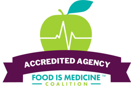 Green apple with a heartbeat line and leaf above text reading "Accredited Agency." Below, "Food is Medicine Coalition" in aqua and green.