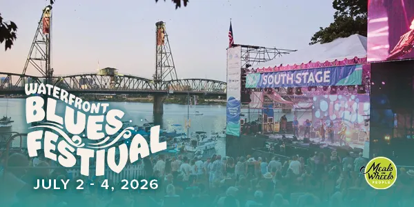 Waterfront Blues Festival banner with a vibrant stage set by a river, crowd enjoying live music. Dates: July 2-4, 2026. Logo: Meals on Wheels People.
